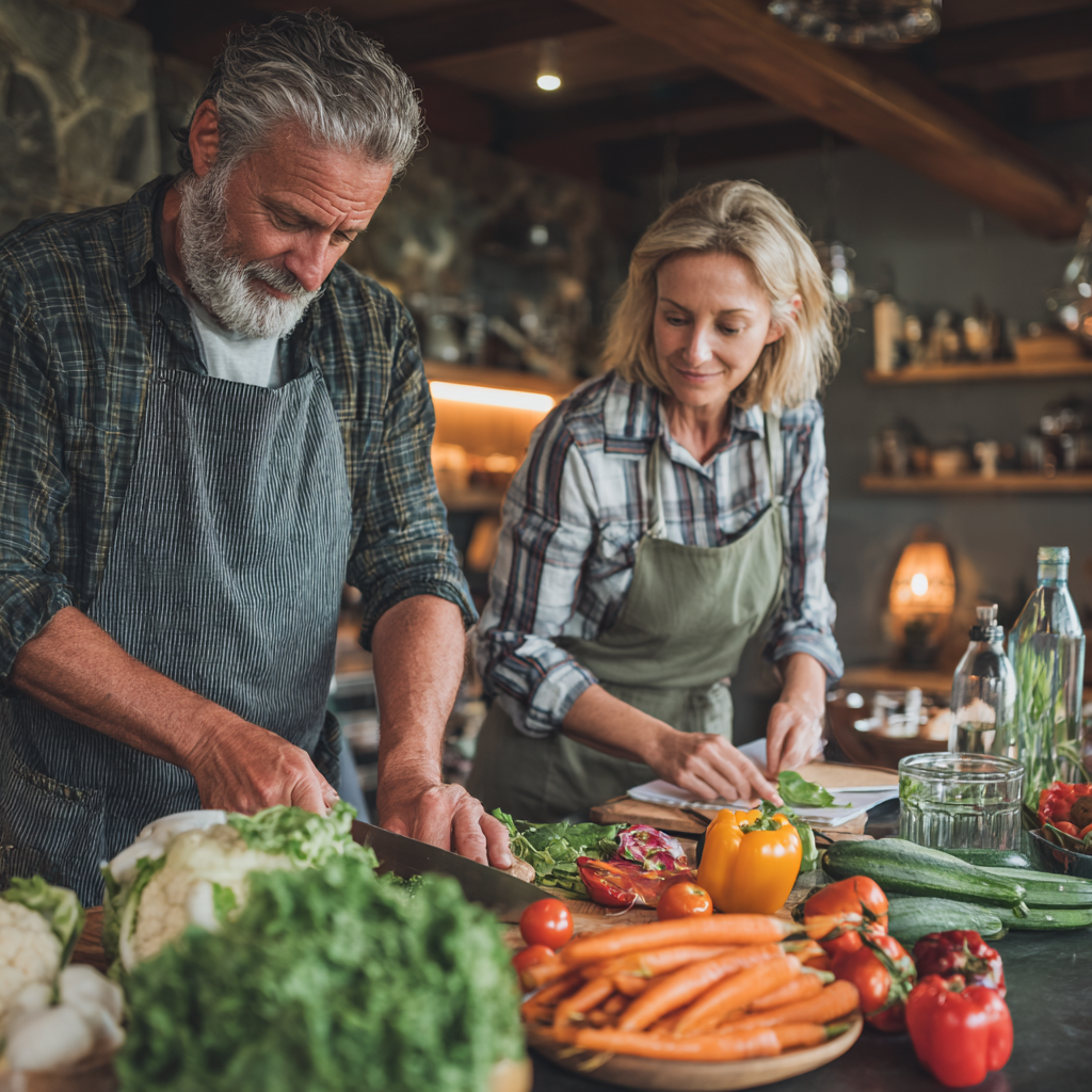 Middle-aged adults preparing healthy meal with fresh vegetables and planning nutrition