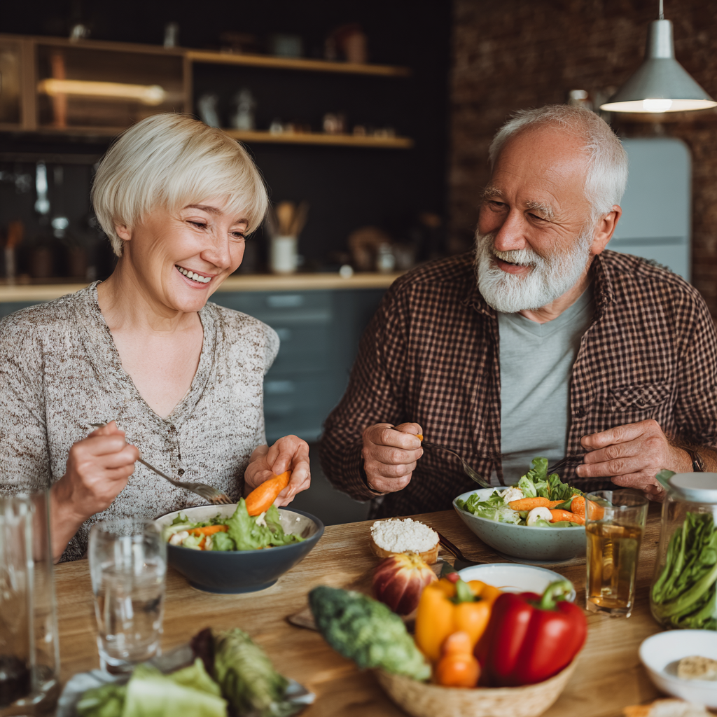Older adults enjoying nutritious meal together, demonstrating active and healthy lifestyle
